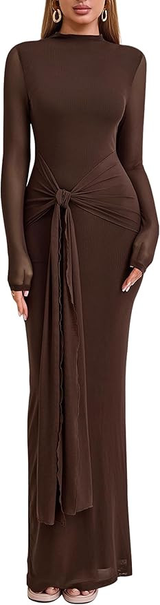 Women's Long Sleeve Bodycon Maxi Dress Mesh Tie Sexy Backless Fall Formal Wedding Guest Party Coc... | Amazon (US)