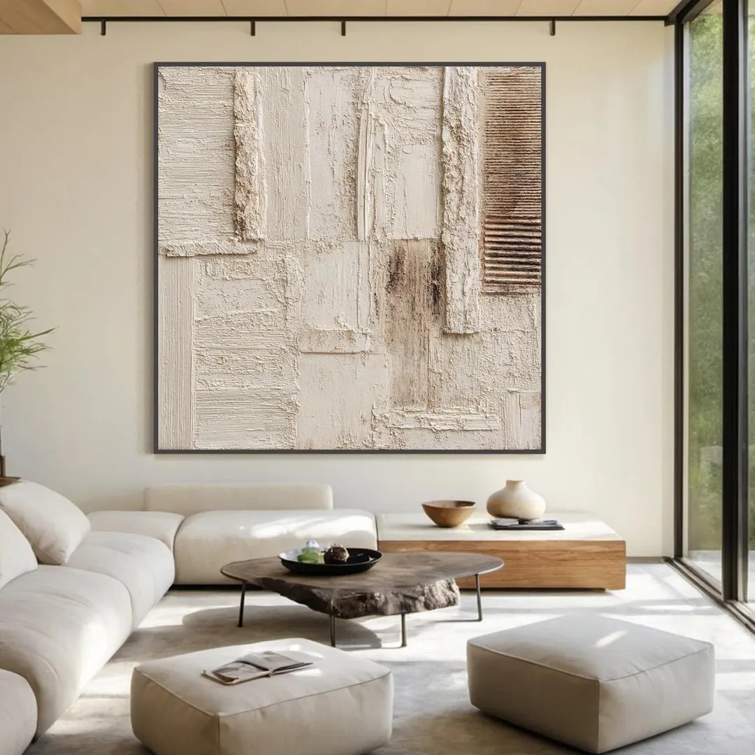 Textured Geometric Abstract Oil Painting, White Brown Earth Tones Neutral Wall Art, Impasto 3D Re... | Etsy (US)