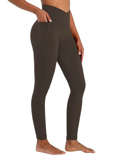 Sunzel Butt Lifting Scrunch Leggings for Women with Pockets No Front Seam Crossover Workout Booty Yoga Pants Tummy Control 28" Inseam Seal Brown X-Small | Amazon (US)