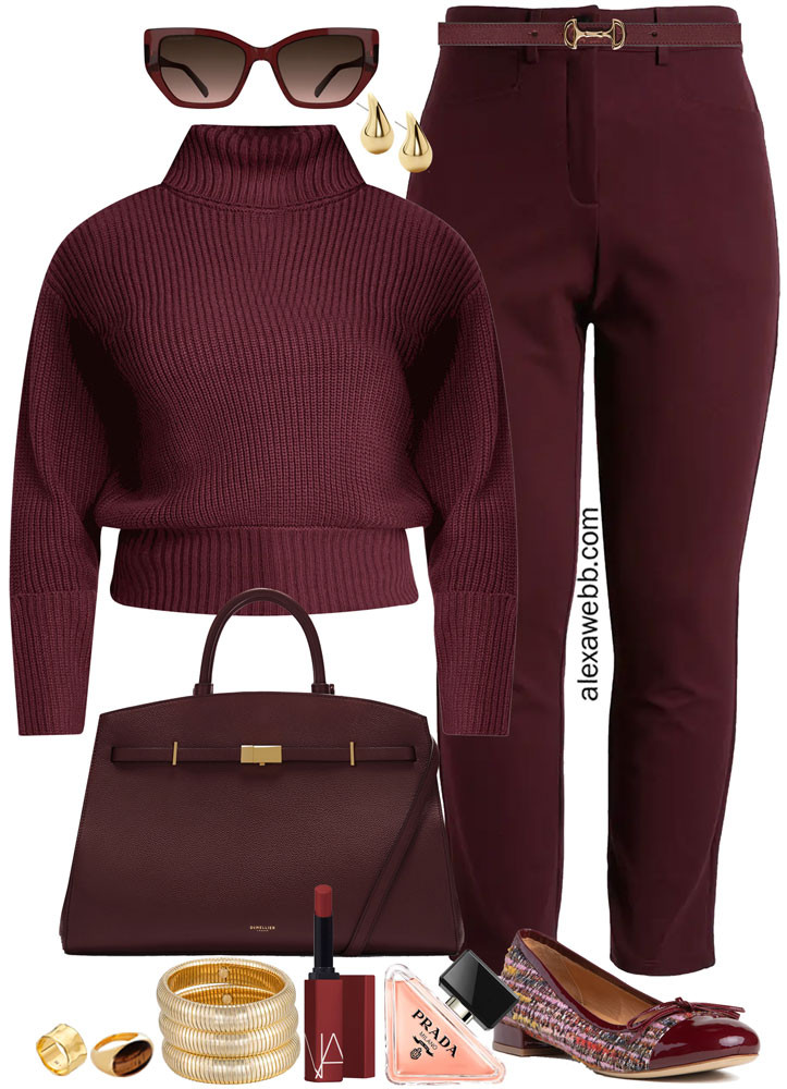 Plus Size Burgundy Winter Work Outfits - A plus size business casual outfit for the office this winter. A plus size burgundy sweater is paired with burgundy pants and tweed flats. A burgundy bag finishes the look. Alexa Webb #plussize #alexawebb 

 #LTKMidsize #LTKPlusSize #LTKWorkwear