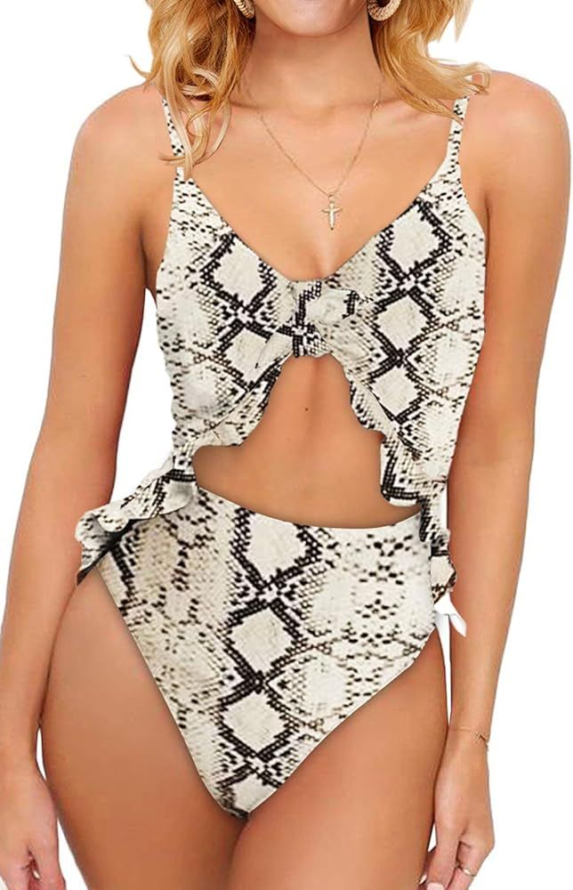 Saodimallsu Womens High Waisted Flounce 2 Piece Swimsuits Sexy Tie Front Lace up Retro Bikini Sets S | Amazon (US)
