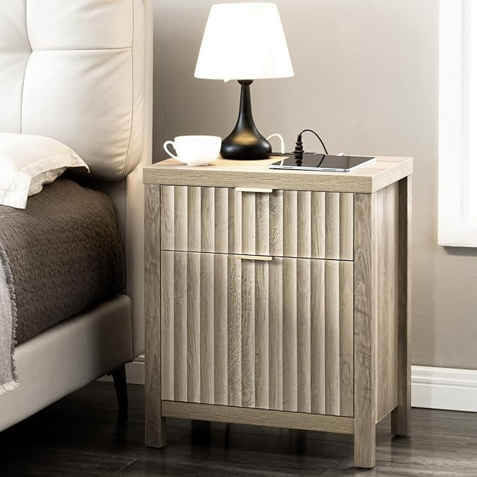 Oxford 2 Drawer Nightstand, End Table with Charging Station, Night Stand with Fluted Panel, Farmh... | Amazon (US)