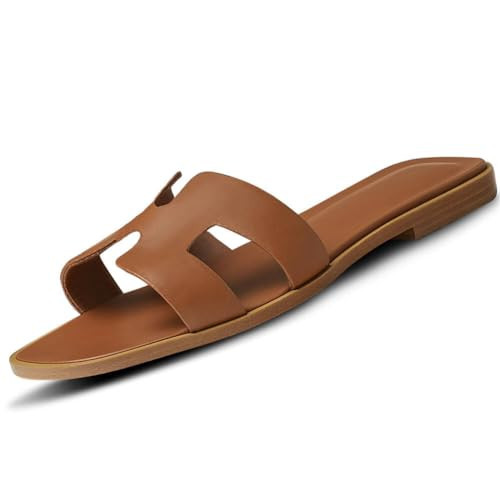 CEAUZY Women's Flat Sandals H-Band Slides Comfortable Slip On Leather Slide Sandals Sandals for Women Summer Sandals | Amazon (US)