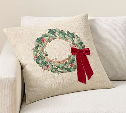 Wreath with Red Velvet Bow Pillow | Pottery Barn (US)