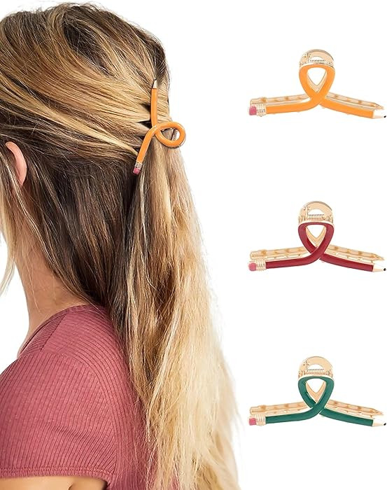 WELROG 3PCS Metal Pencil Hair Clips for Women - Funny Teacher Claw Clips for Thick Thin Hair Back... | Amazon (US)