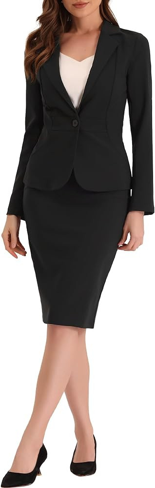 Allegra K Women's 2 Piece Suit Skirt Set Business Casual Long Sleeve Blazer and Pencil Skirt | Amazon (US)