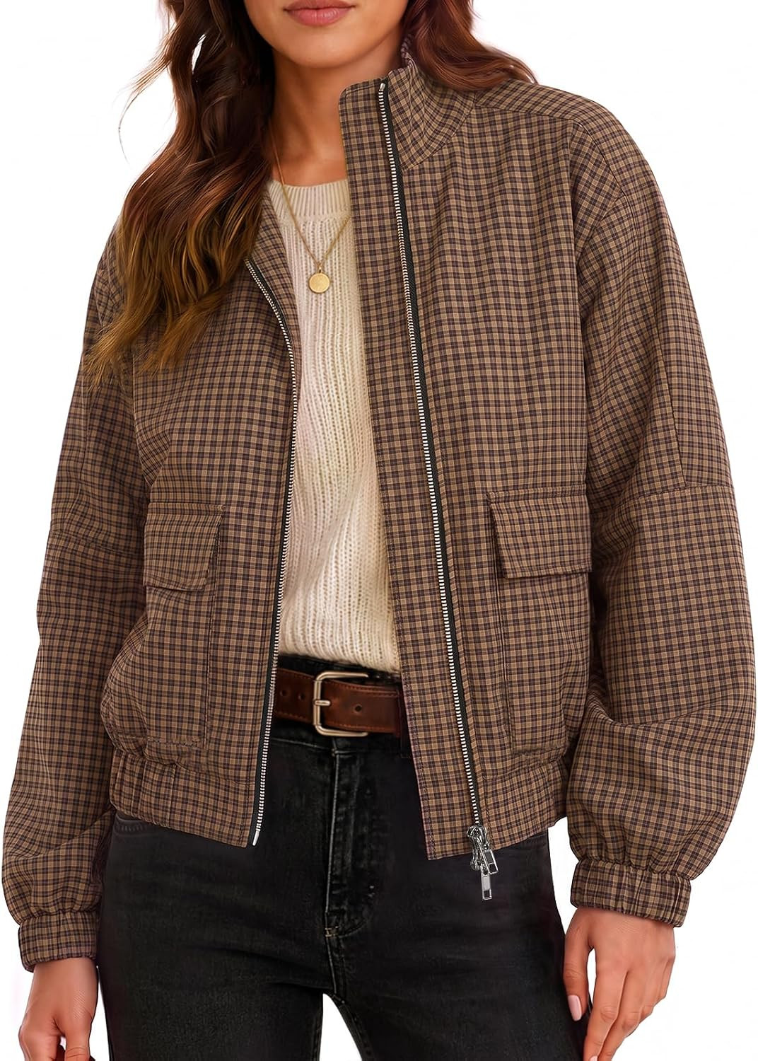 Womens Cropped Plaid Jacket Zip Up Lightweight Casual Coat with Pockets | Amazon (US)