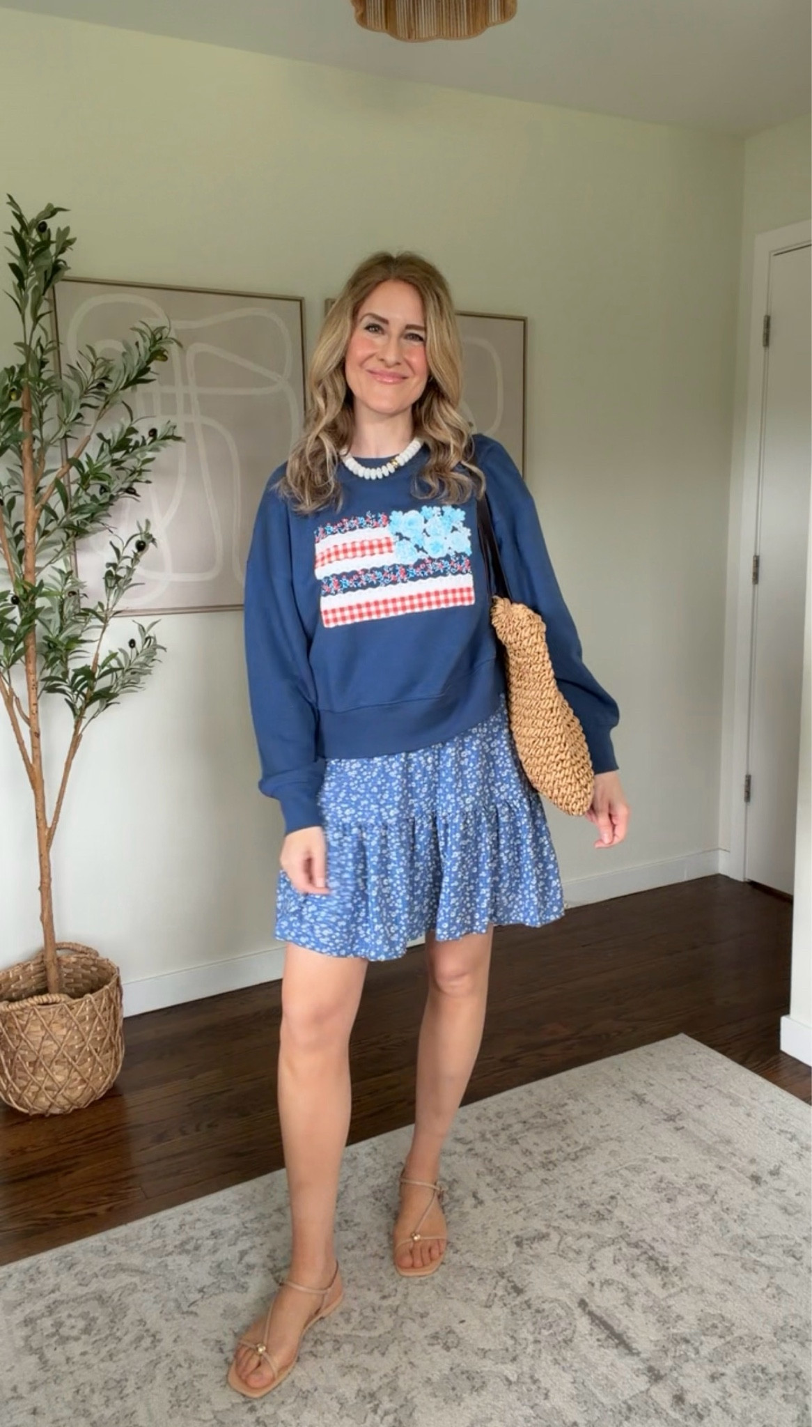 Walmart USA flag sweatshirt $15, soft fleece. I’m wearing a medium. Dress is size small. It’s on the short side just fyi! I’m 5’8”. #walmartfashion