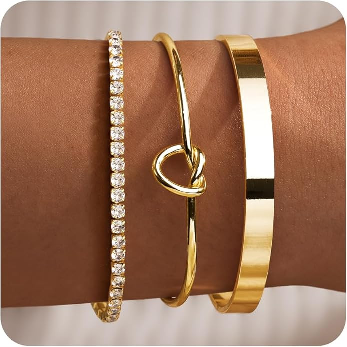 Gold Bracelets for Women Non Tarnish Dainty 14K Real Gold Plated Bangle Cuff Bracelets Stack for ... | Amazon (US)