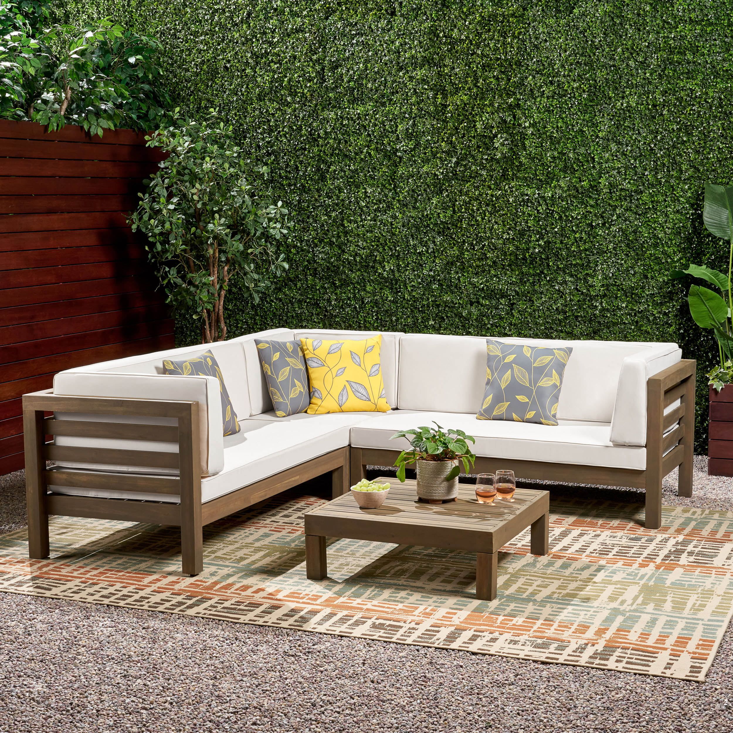 Argentine 4 Piece Outdoor Wooden Sectional Set with Cushions, Grey Finish, White | Walmart (US)