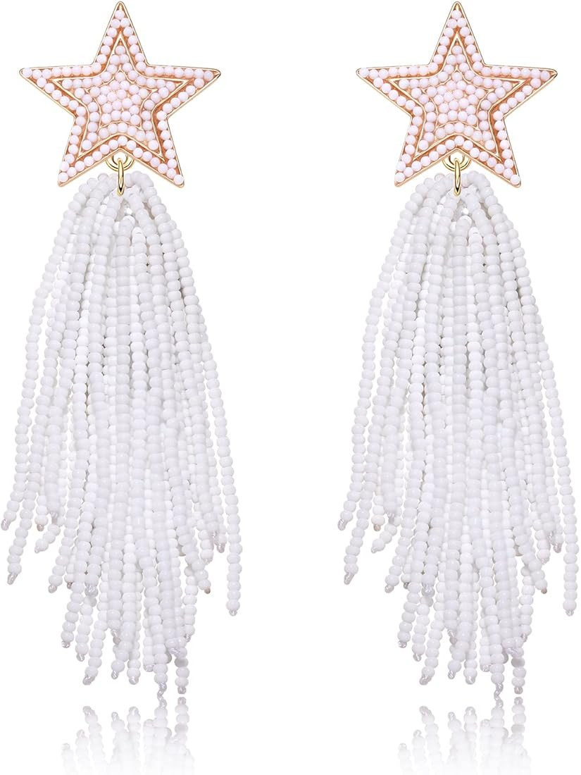 JERTOCLE Star Tassel Earrings Long Beaded Star Tassel Drop Dangle Earrings Bohemian Statement Fri... | Amazon (US)