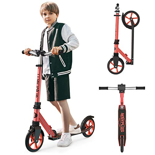 WAYPLUS Lightweight Kick Scooter for Kids, Teens and Adults, Foldable, 8-Inch Non-Slip Deck, ABEC9 Bearing, Adjustable Height 3.9-6.2FT, Red | Amazon (US)