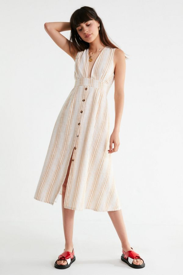 UO Millie Plunging Linen Midi Dress | Urban Outfitters (US and RoW)