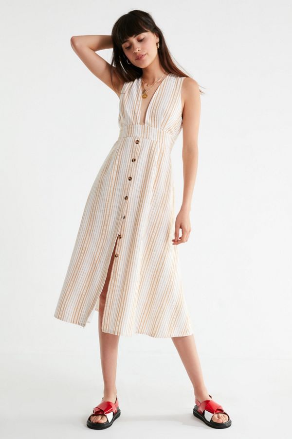 UO Millie Plunging Linen Midi Dress | Urban Outfitters (US and RoW)