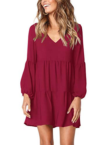 Amoretu Women's Long Sleeve Casual V Neck Loose Swing Tunic Dress Burgundy L | Amazon (US)