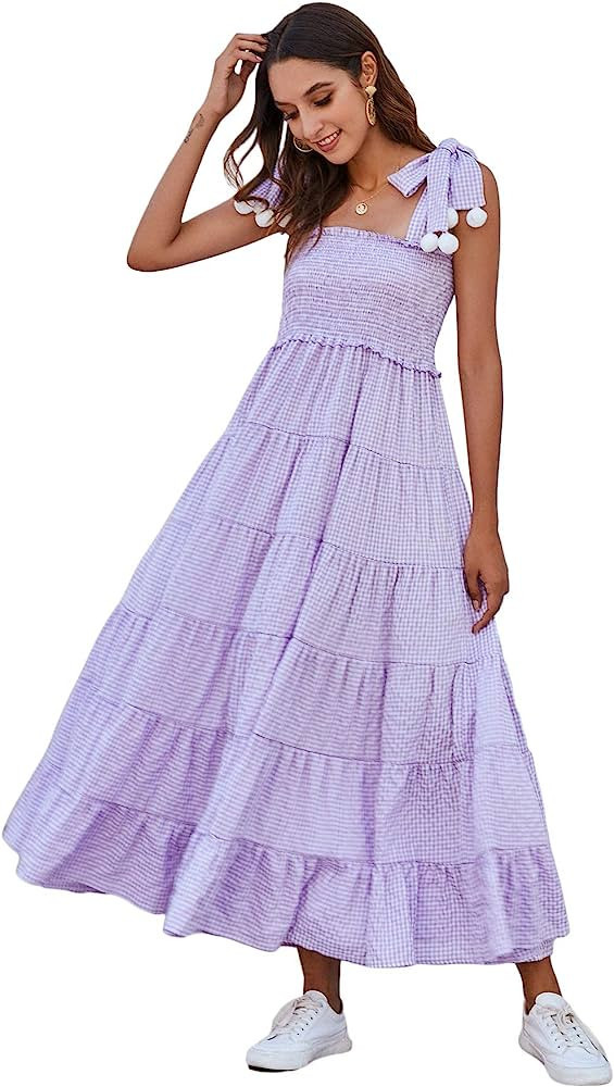 Floerns Women's Floral Print Tie Strap Square Neck Ruffle Boho Maxi Dress | Amazon (US)