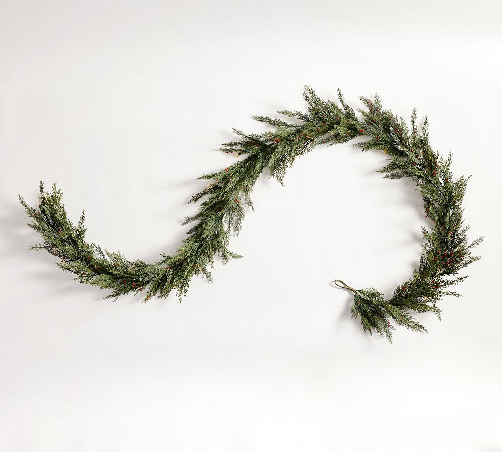 Faux Lit Cedar Berry Pine Wreath & Garland | Pottery Barn (US)