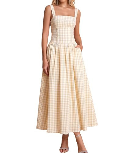 XinFSh Women's Summer Gingham Midi Dress Square Neck Flowy Lace Corset Dresses Garden Patry Picnic Sundress with Pockets Yellow | Amazon (US)