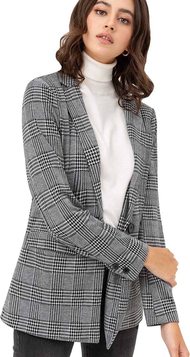 Lock and Love Women's Lapel Collar Coat Check Plaid Long Sleeve Casual Jacket Blazer Outerwear | Amazon (US)