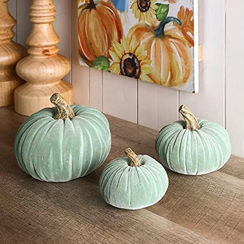 Glitzhome 3 Pack Mint Green Velvet Pumpkins, Rustic Table Accent Artificial Resin Pumpkins for Fa... | Amazon (US)