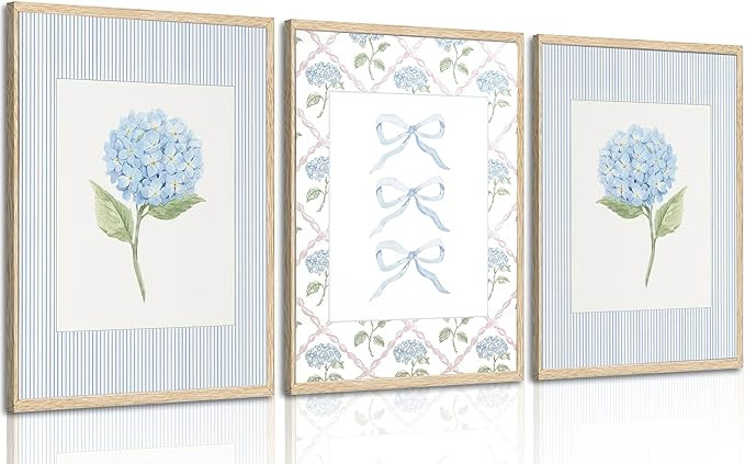Blue Hydrangea Canvas Wall Art Trendy Watercolor Bow Coquette Paintings Pictures Wall Decor Coast... | Amazon (US)