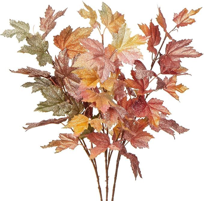 Oairse Artificial Maple Leaves Branches 3 Pcs Mixed Corlor Fall Leaves Stems Fake Bushes Glitter ... | Amazon (US)