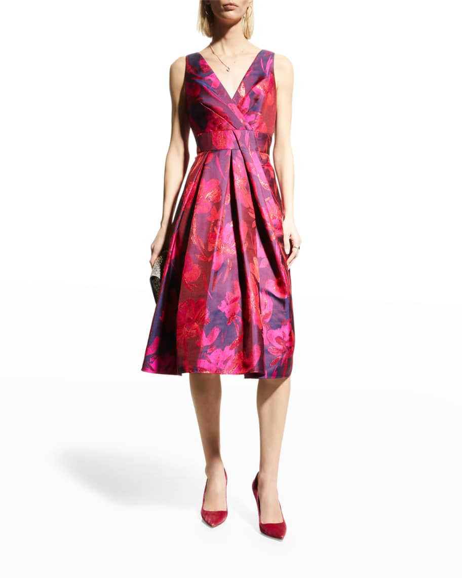 Aidan Mattox Floral Jacquard Pleated Dress | Neiman Marcus