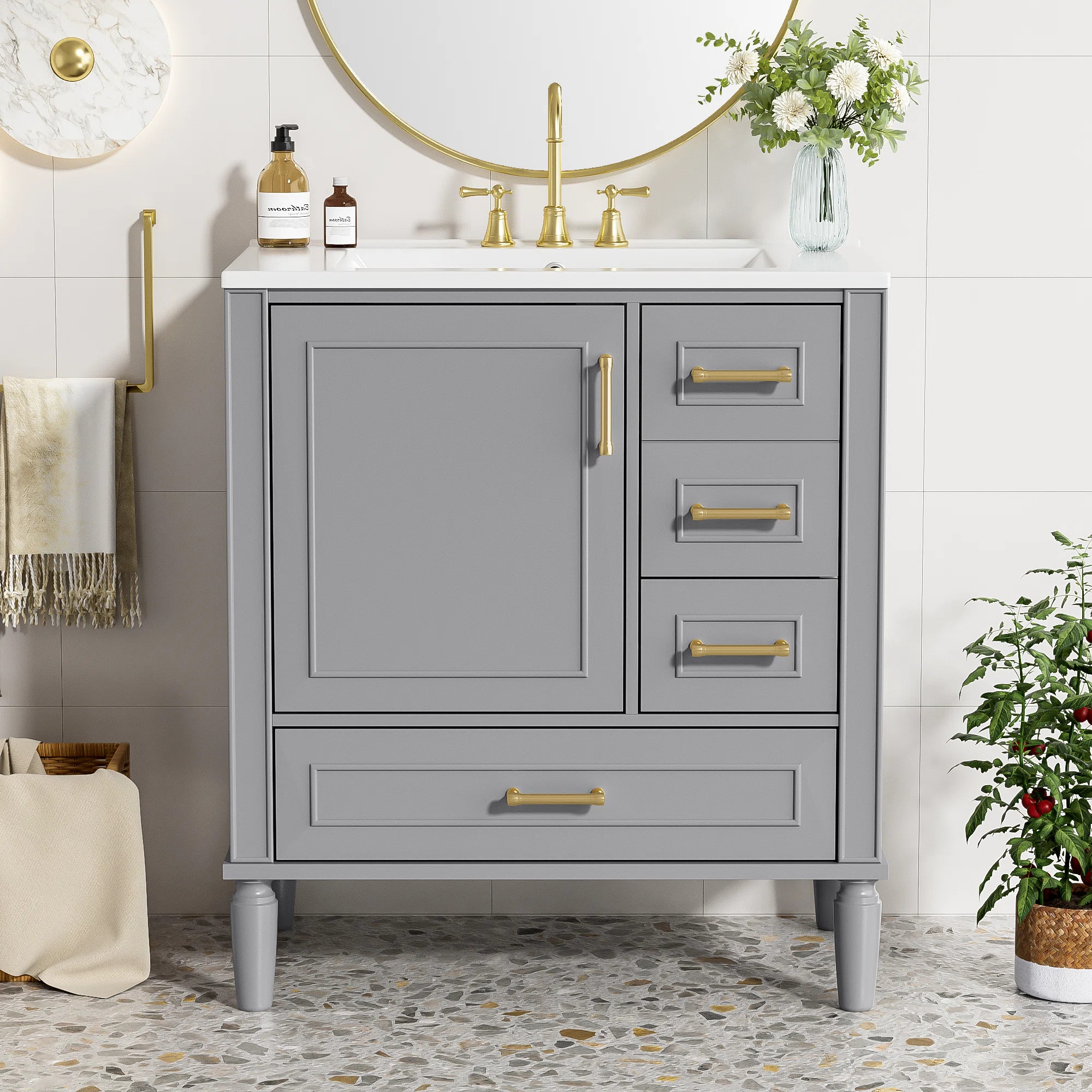 30" Bathroom Vanity With Ceramic Sink, Soft-Close Door With Built-In Shelf, Deep Drawer, Standard... | Wayfair North America