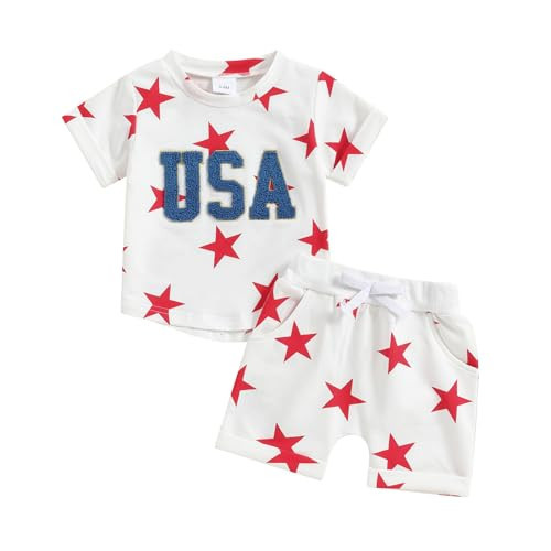 Afunbaby Baby Boy 4th of July Outfit Toddler Short Sleeve T Shirts Stars Stripes Shorts Fourth of July Summer Clothes Set (Red star print, 4-5 Years) | Amazon (US)
