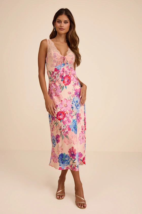 Jaylene Blush Multi Floral Lace Tie-Front Midi Dress | Lulus