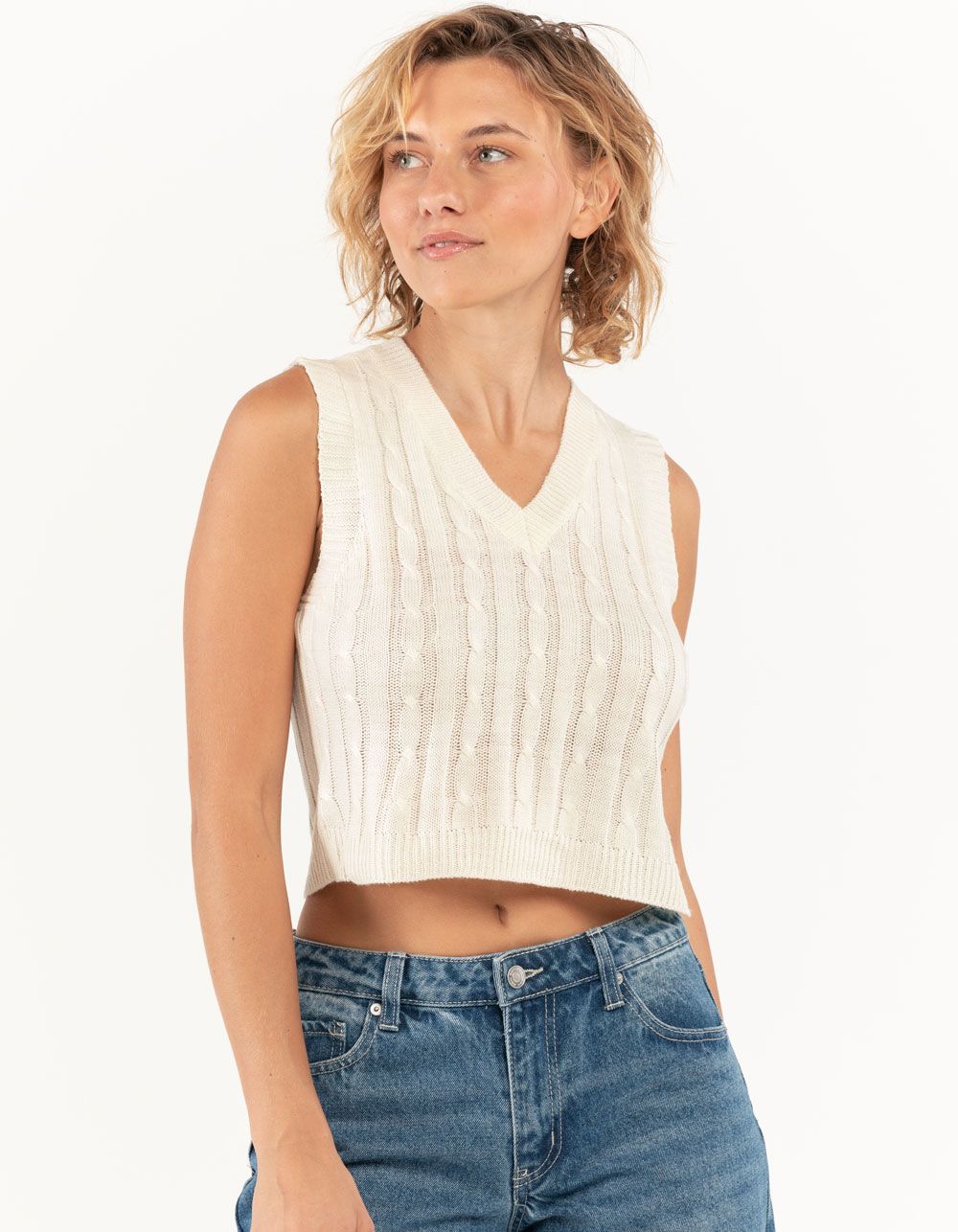 FULL CIRCLE TRENDS Cable Front V Neck Womens Sweater Vest - CREAM | Tillys | Tillys