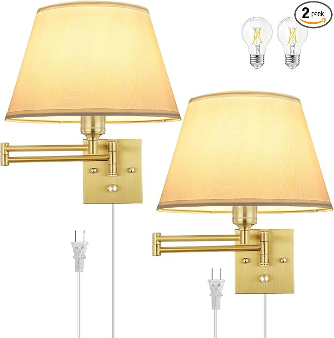 TRLIFE Dimmable Wall Sconce Plug in, Brushed Brass Wall Sconces Set of 2 Swing Arm Wall Lights wi... | Amazon (US)