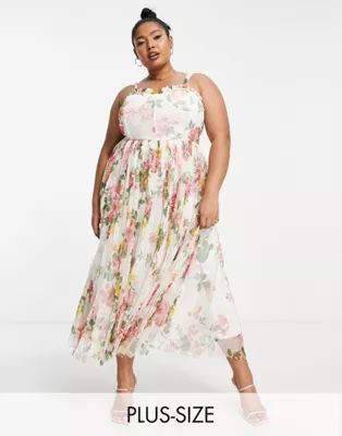 Lace & Beads Plus corset tulle midi dress in soft floral | ASOS (Global)