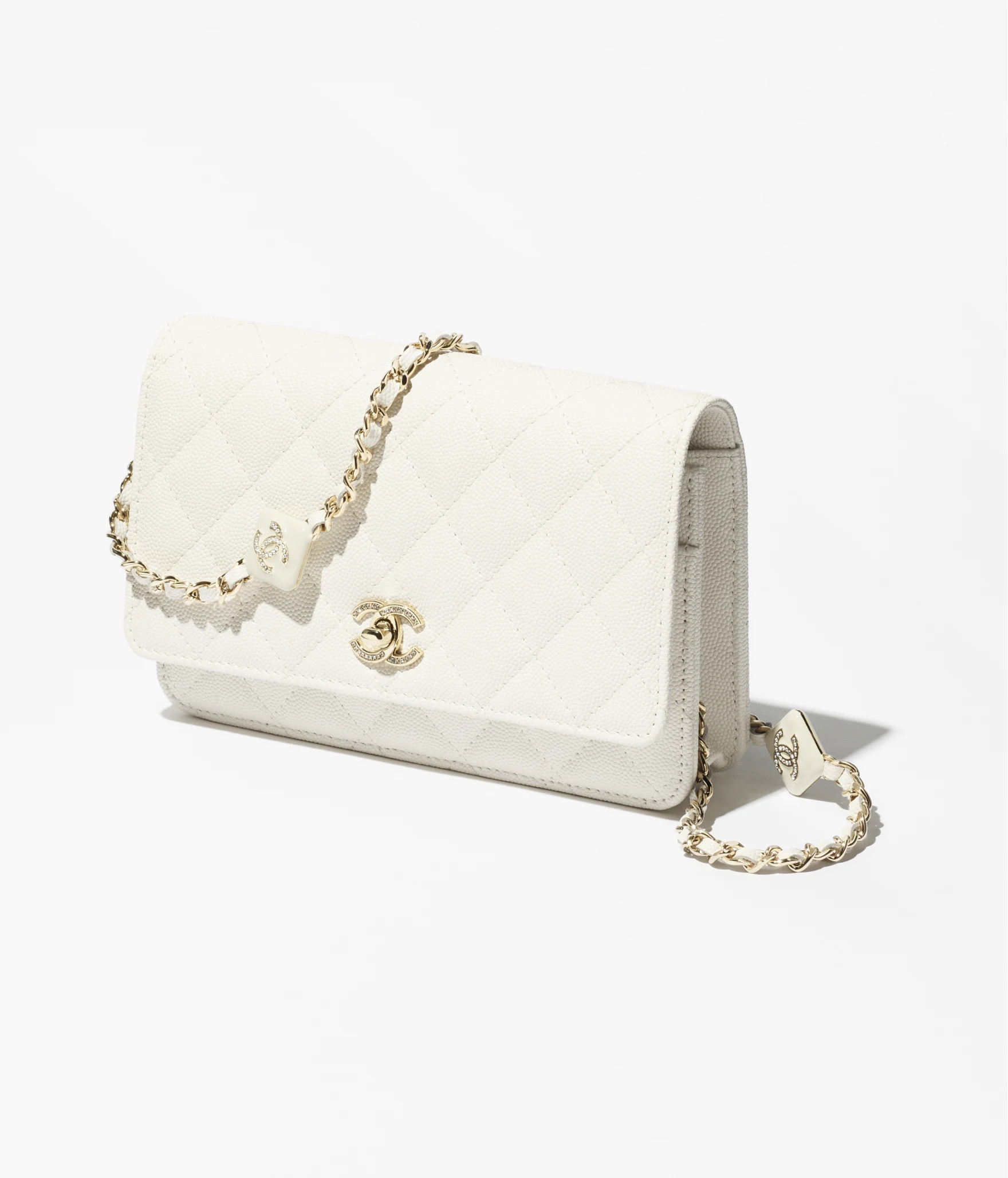 Wallet on chain - Shiny grained calfskin, enamel & gold-tone metal, white — Fashion | CHANEL | Chanel, Inc. (US)