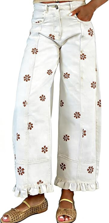 utcoco Barrel Jeans Women 2026 Floral Print Wide Leg Jeans Y2k Patchwork Baggy Boyfriend Denim Pa... | Amazon (US)