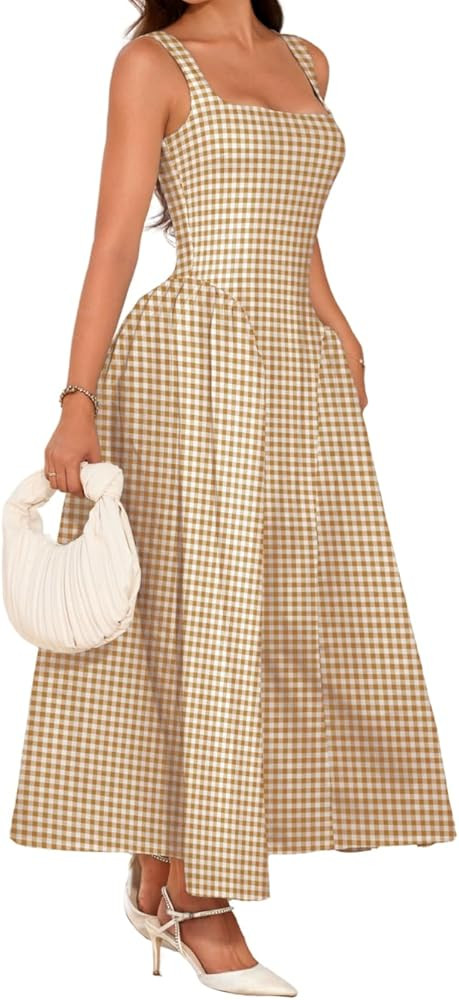 Plaid Maxi Dress, A-Line Drop-Waist, Wedding Guest Tea Party, Pastel Gingham Square Neck Flowy Se... | Amazon (CA)