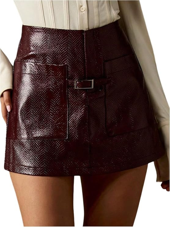 SweatyRocks Women's Snake Print Faux Leather Mini Skirt High Waist Buckle Bodycon Skirts with Poc... | Amazon (US)