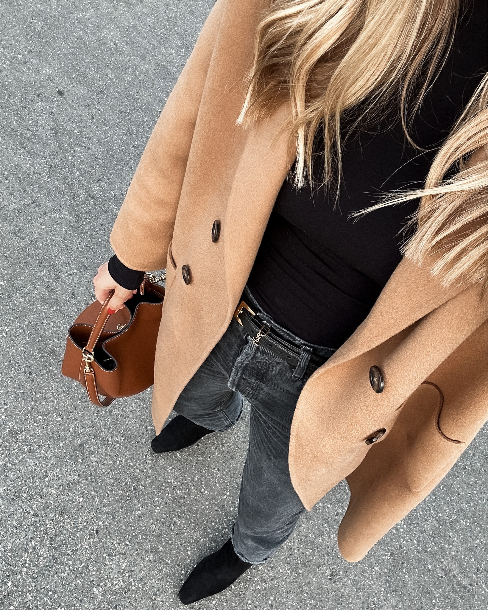 Fashion Jackson wearing Anine Bing camel coat (xs), commando bodysuit, AGOLDE black jeans (tts) YSL belt, black suede booties, Celine Bucket bag, fall outfit, winter outfit, #fashionjackson #camelcoat 

#LTKstyletip #LTKshoecrush #LTKunder100