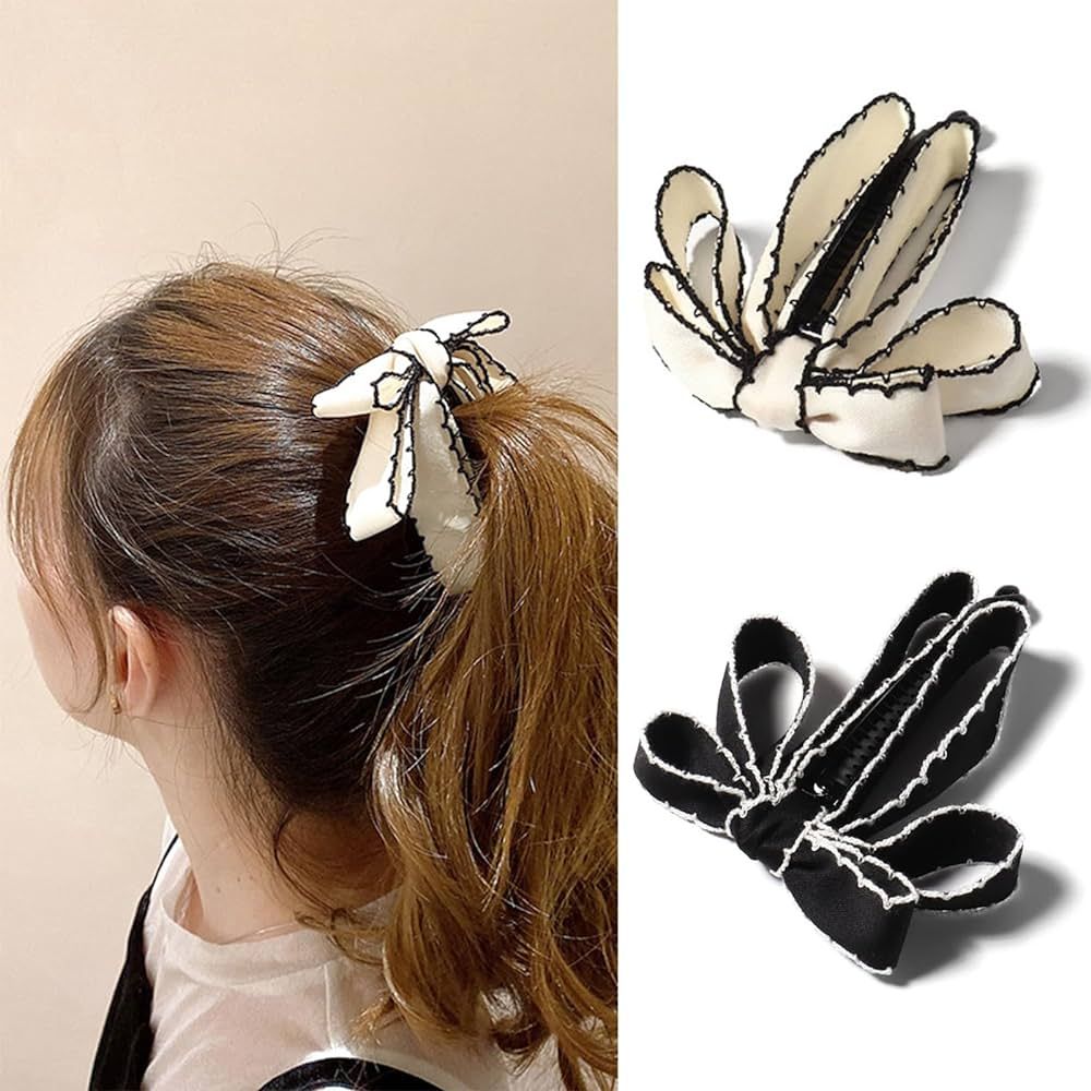 2 PCS Ribbon Bow Banana Clip Vertical Ponytail Claw Clip Korean Style Bowknot Ponytail Claw for W... | Amazon (US)