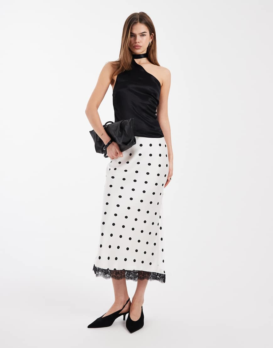 New Look - Jupe mi-longue satinée à pois avec bords en dentelle - Crème-Blanc | ASOS (Global)