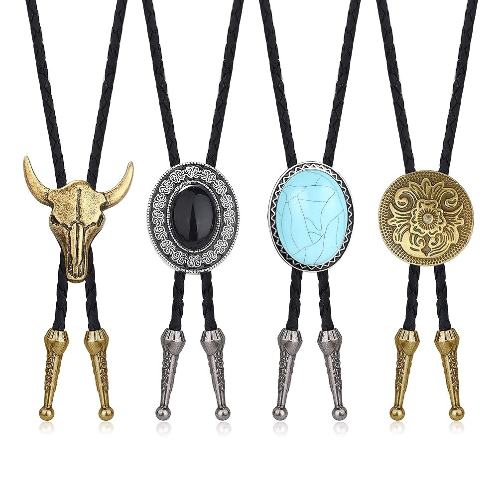 CASSIECA 4Pcs Handmade Bolo Tie for Men Western Cowboy Leather Necktie Halloween Costume Accessor... | Amazon (US)