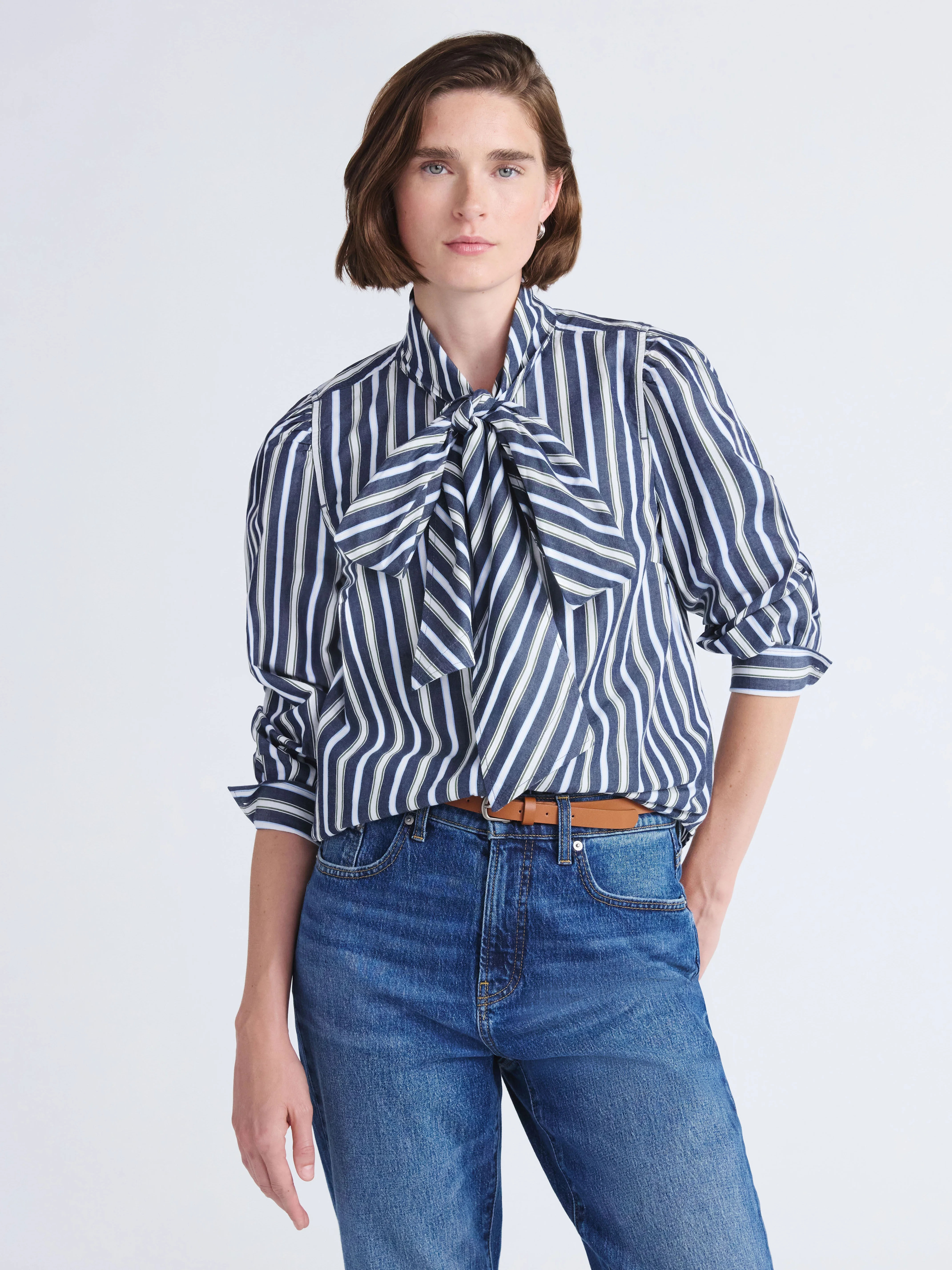 Free Assembly Women's Cotton Tie Neck Blouse with Long Puff Sleeves, Sizes XS-XXL - Walmart.com | Walmart (US)