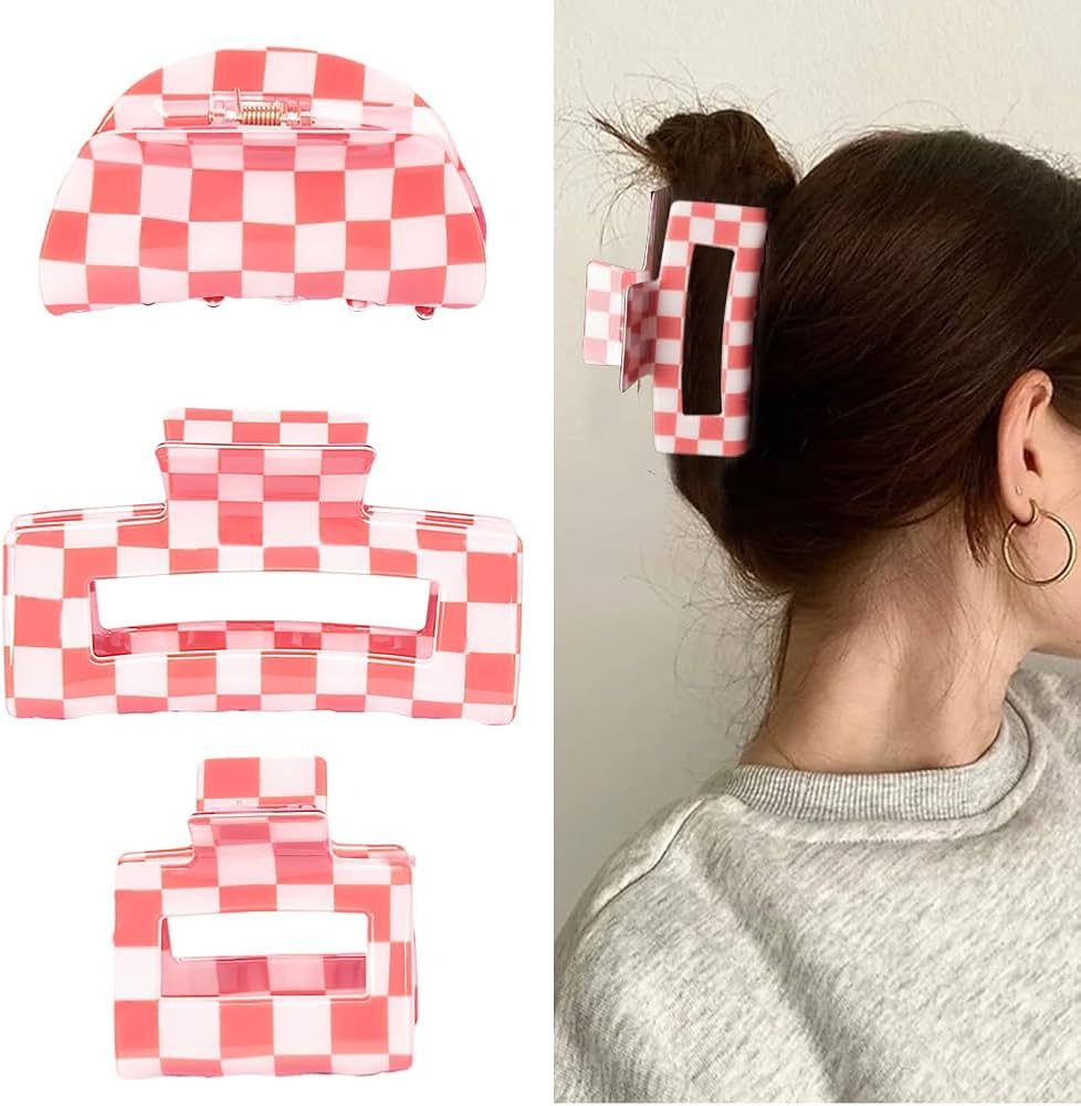 Pink Hair Clips 3Pcs, Vintage Aesthetic Pink Checkered Claw Clips Checkered Hair Clips Y2K Hair A... | Amazon (US)