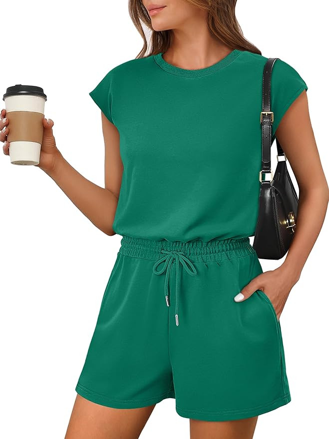 ANRABESS Rompers for Women Summer 2026 Casual Cap Sleeve Crewneck Drawstring One Piece Jumpsuit O... | Amazon (US)