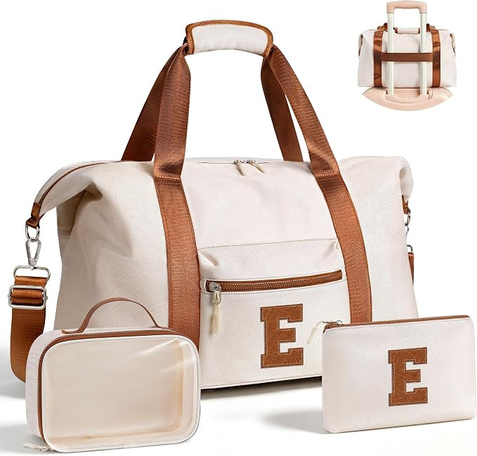 YOOLIFE Initial Duffle Bag with Shoe Compartment Travel Weekender Brown E | Amazon (US)