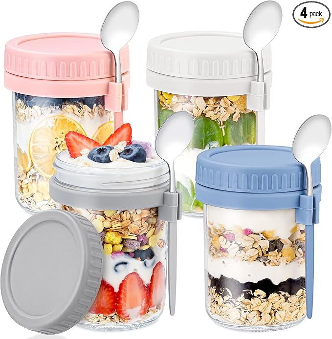 4 Pack Overnight Oats Containers with Lids and Spoons - DRKIO 16 Oz Glass Mason Jars for Overnigh... | Amazon (US)