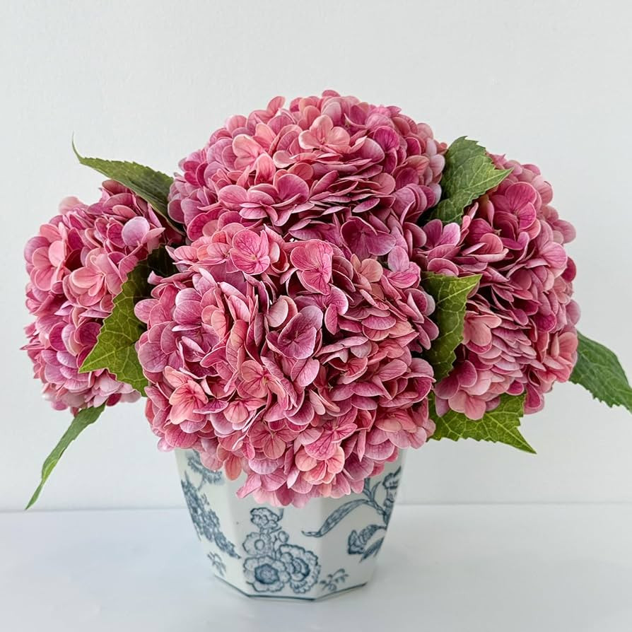 YalzoneMet 3 pcs Real Touch Hydrangea Artificial Flowers, 21" Dark Pink Large Long Stems Wedding ... | Amazon (US)