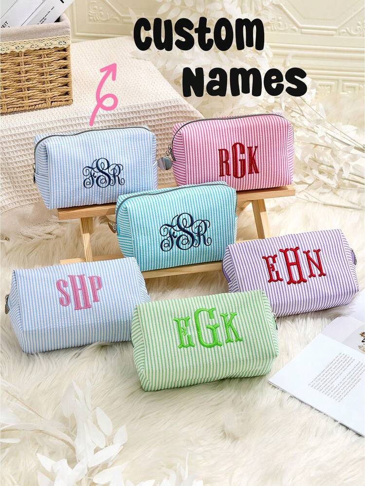 Embroidered Name Cosmetic Bag, Corduroy Custom Makeup Pouch, Sanitary Pad Storage Bag, Travel Cosmetic Bag, Personalized Storage Pouch | SHEIN