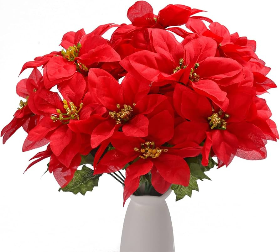 Cymax 4 Pcs Poinsettia Artificial Christmas Flowers 7 Head Fake Poinsettia Bush Flowers Silk Fabr... | Amazon (UK)