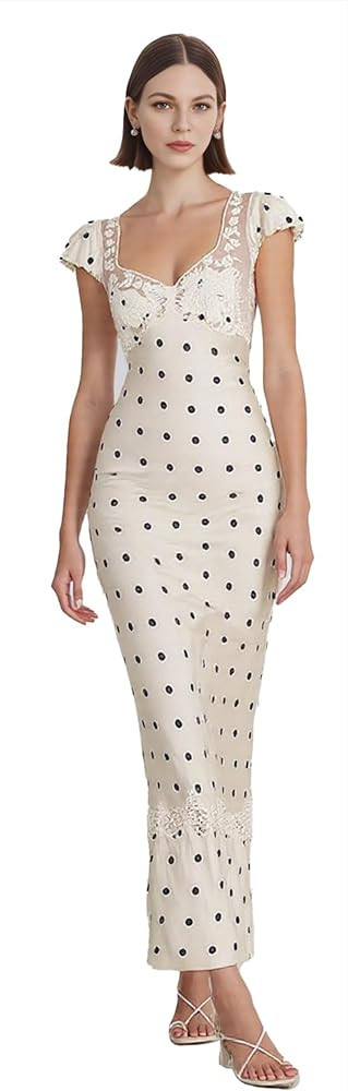 Aesthetic White Lace Satin Maxi Polka Dot Dress Romantic Backless Silk Party Dresses for Women | Amazon (US)